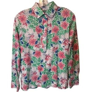 Leon Levin Bright Floral Long Sleeve Polo Shirt White Pink Long Sleeve  P Medium